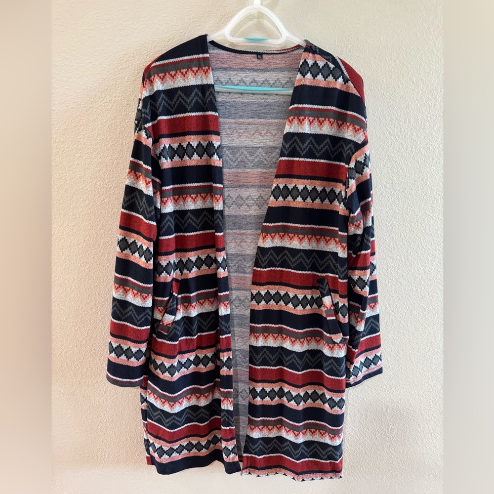 Open-Front Striped Pattern Women's Cardigan Sweater - Navy & Rust